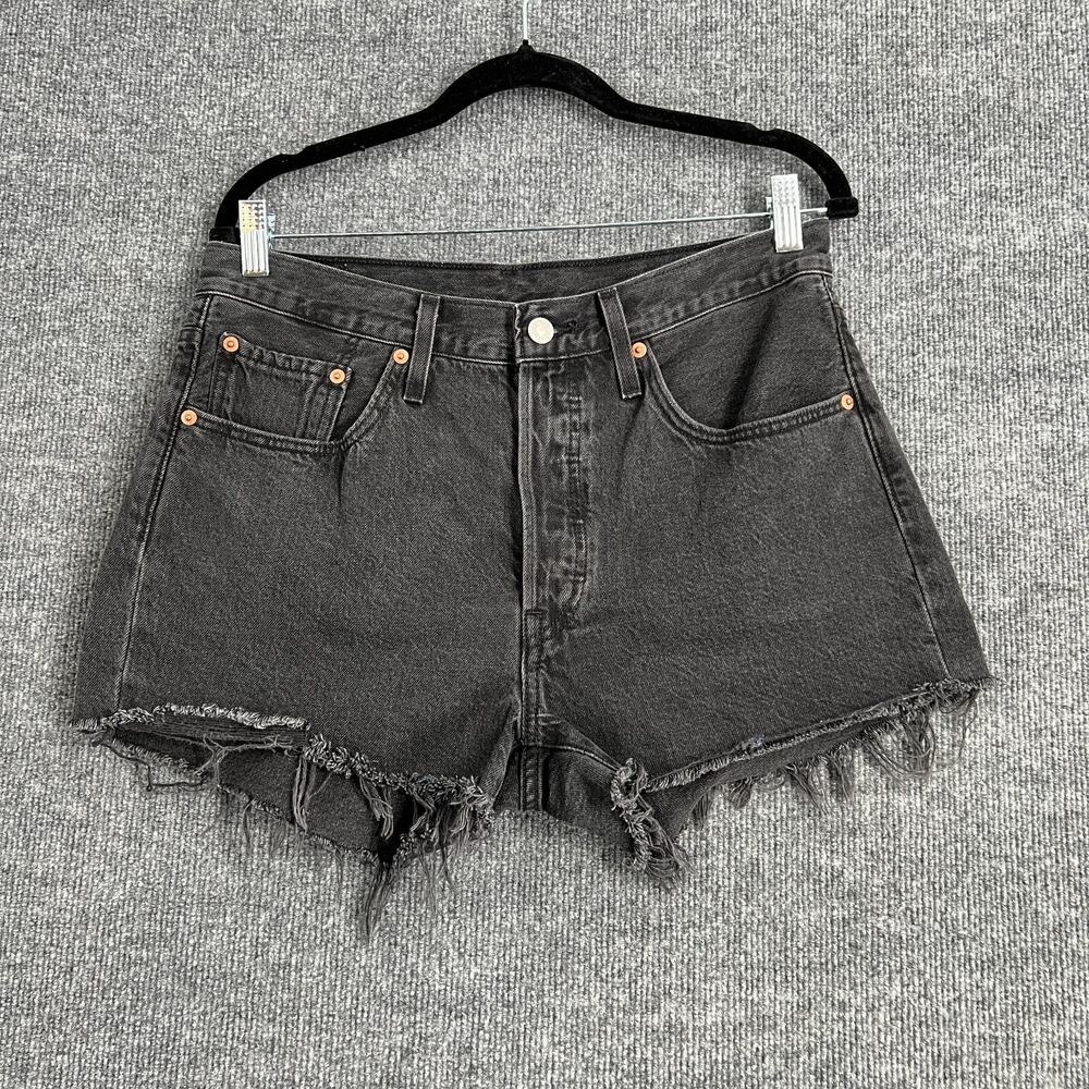 Levis 501 Womens Cut Off Jean Shorts Size 30 Black Wash Button Fly High Rise